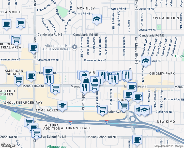 map of restaurants, bars, coffee shops, grocery stores, and more near 2634 Washington Street Northeast in Albuquerque