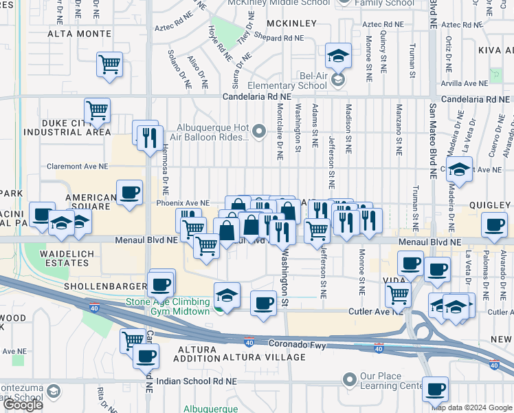 map of restaurants, bars, coffee shops, grocery stores, and more near 2637 Graceland Drive Northeast in Albuquerque