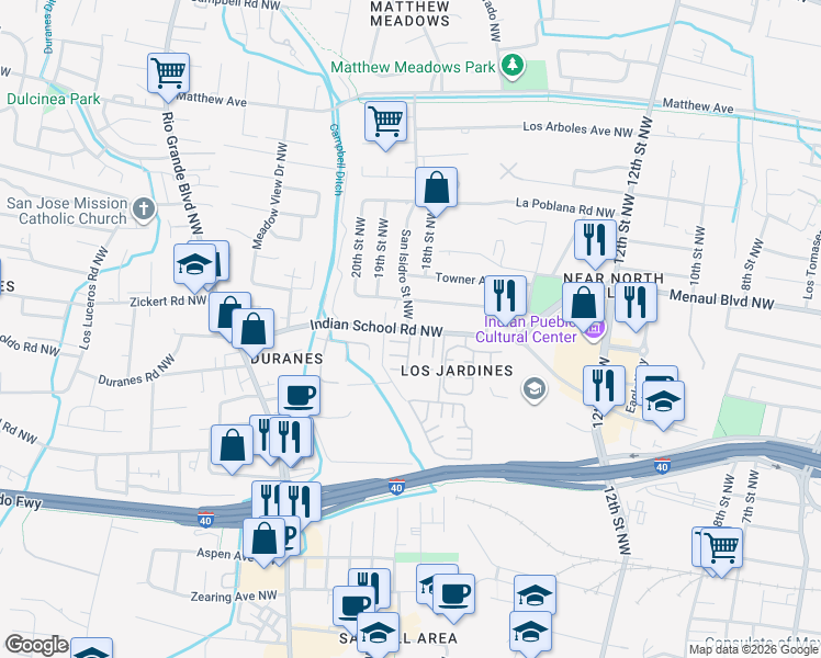 map of restaurants, bars, coffee shops, grocery stores, and more near 1816 Indian School Road Northwest in Albuquerque
