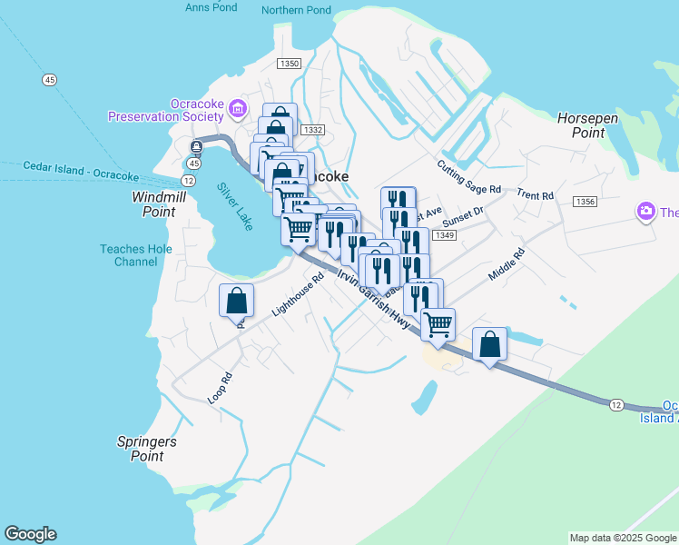 map of restaurants, bars, coffee shops, grocery stores, and more near 620 Irvin Garrish Highway in Ocracoke