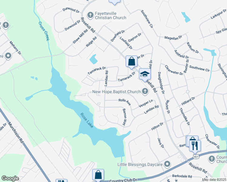 map of restaurants, bars, coffee shops, grocery stores, and more near 3557 Torbay Drive in Fayetteville