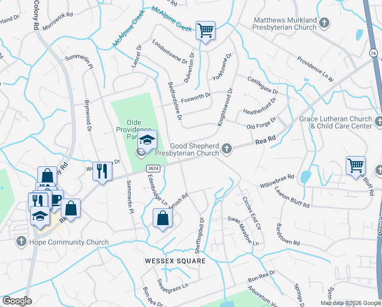map of restaurants, bars, coffee shops, grocery stores, and more near 3423 Rea Road in Charlotte