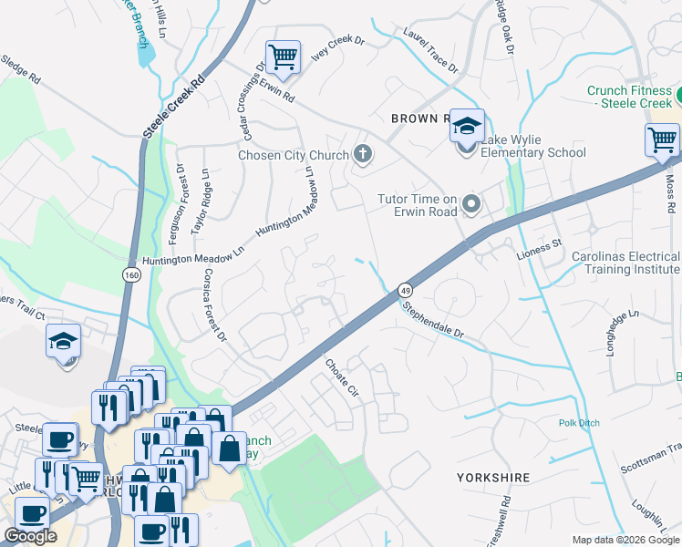 map of restaurants, bars, coffee shops, grocery stores, and more near 12817 Sickles Drive in Charlotte