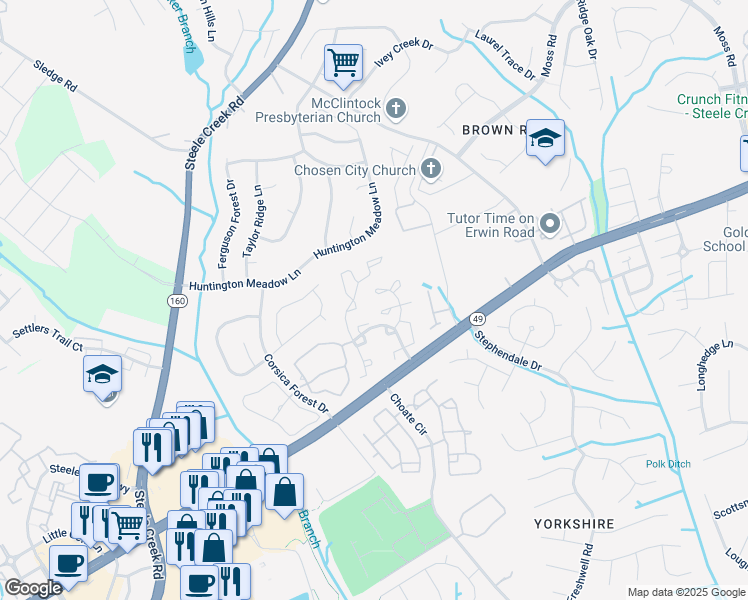 map of restaurants, bars, coffee shops, grocery stores, and more near 12934 Sickles Drive in Charlotte