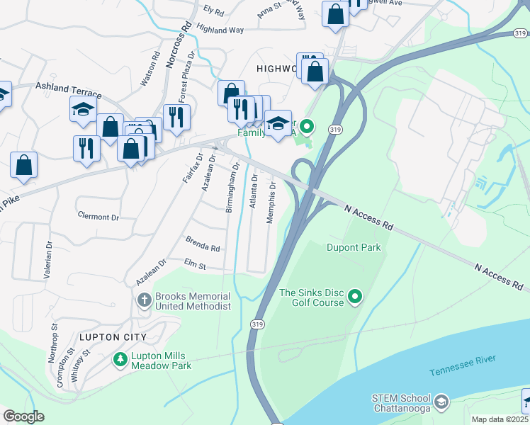 map of restaurants, bars, coffee shops, grocery stores, and more near 3905 Memphis Drive in Chattanooga