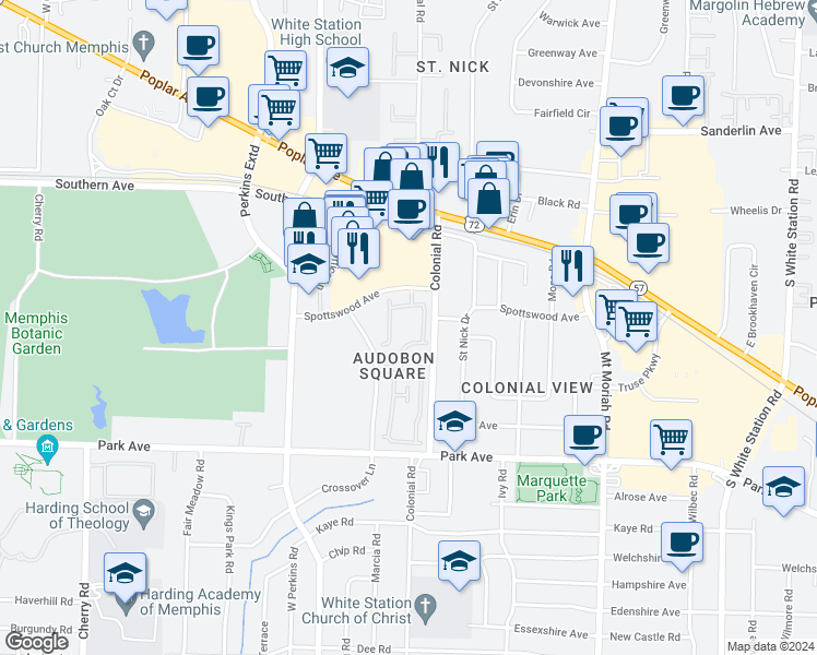 map of restaurants, bars, coffee shops, grocery stores, and more near in Memphis