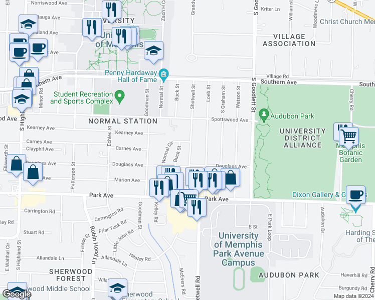 map of restaurants, bars, coffee shops, grocery stores, and more near 760 Shotwell Street in Memphis