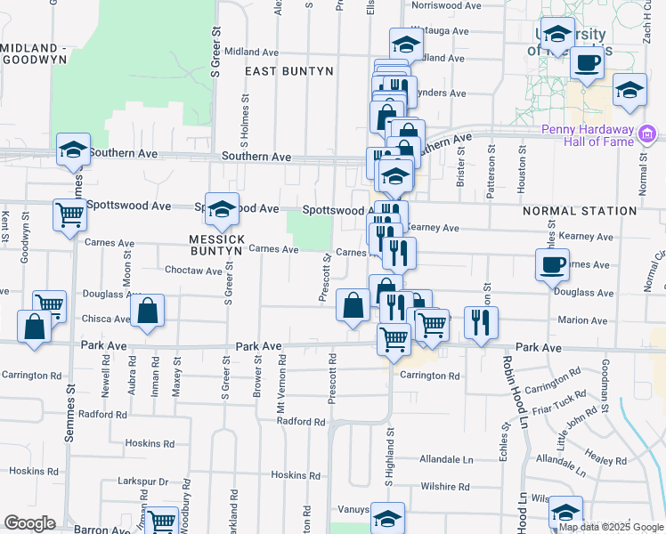 map of restaurants, bars, coffee shops, grocery stores, and more near 3404 South Prescott Circle in Memphis