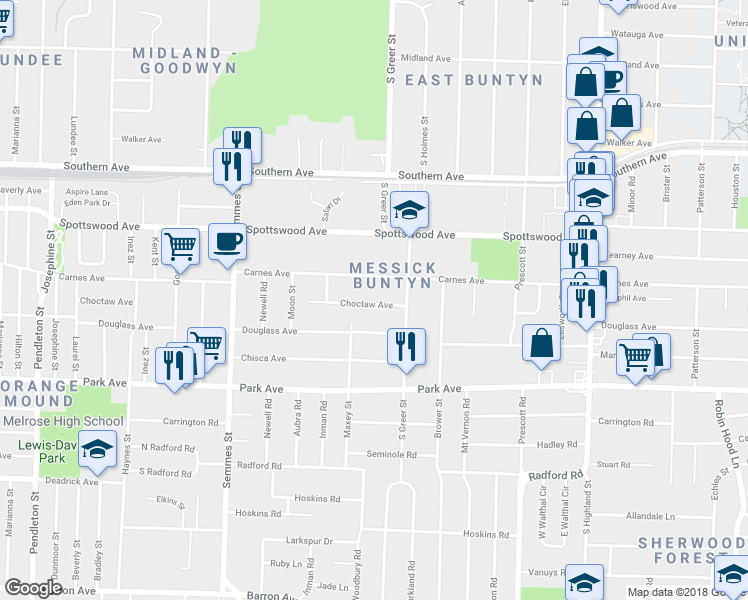 map of restaurants, bars, coffee shops, grocery stores, and more near 3225 Choctaw Avenue in Memphis