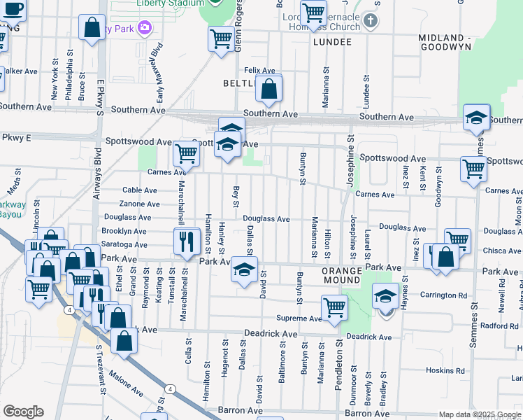 map of restaurants, bars, coffee shops, grocery stores, and more near 787 David Street in Memphis