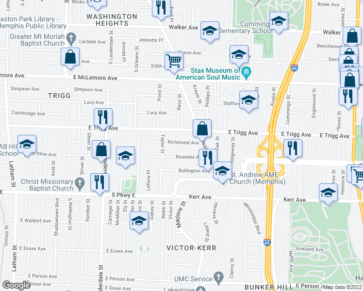 map of restaurants, bars, coffee shops, grocery stores, and more near 752 Roanoke Avenue in Memphis