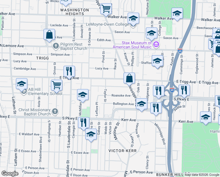 map of restaurants, bars, coffee shops, grocery stores, and more near 752 Roanoke Avenue in Memphis