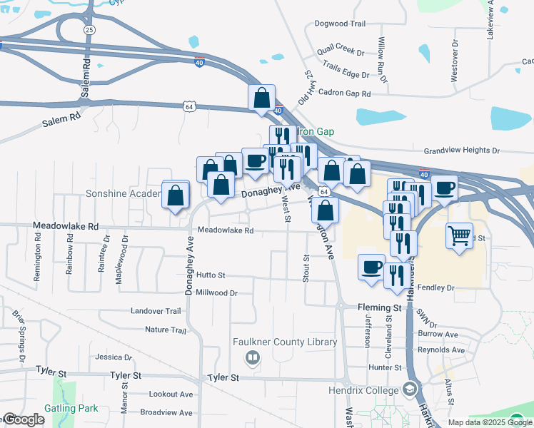 map of restaurants, bars, coffee shops, grocery stores, and more near 2400 Market Plaza Drive in Conway