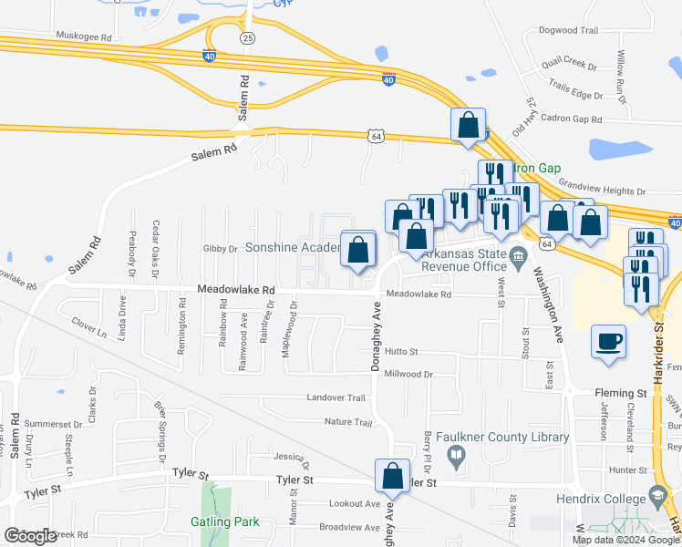 map of restaurants, bars, coffee shops, grocery stores, and more near 2200 Meadowlake Road in Conway