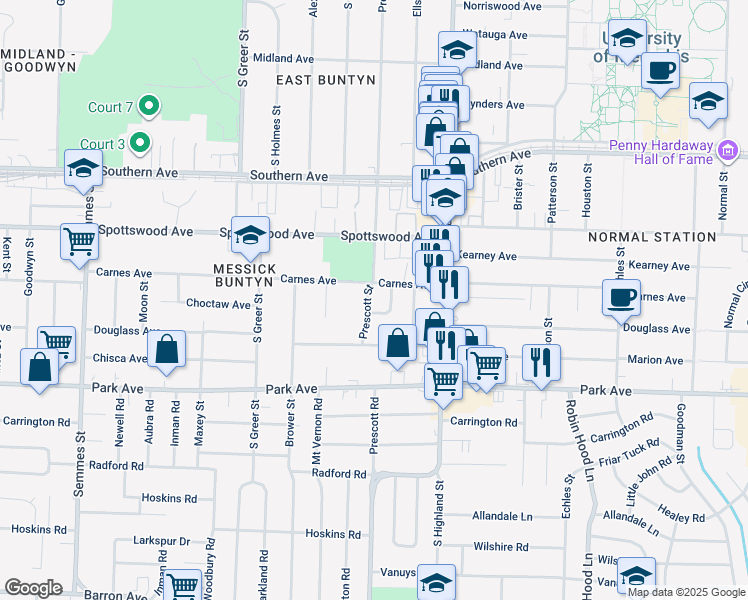 map of restaurants, bars, coffee shops, grocery stores, and more near 3404 South Prescott Circle in Memphis