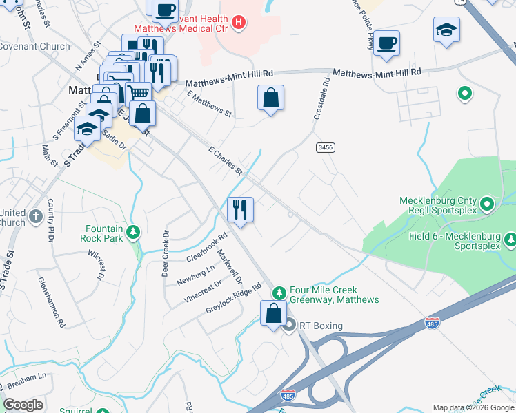 map of restaurants, bars, coffee shops, grocery stores, and more near 727 Selma Burke Lane in Matthews