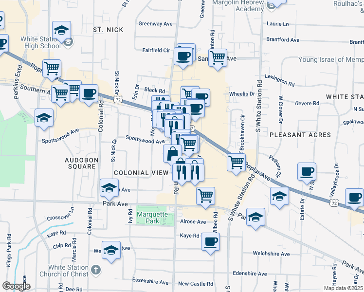 map of restaurants, bars, coffee shops, grocery stores, and more near 742 Mount Moriah Road in Memphis
