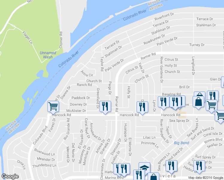 map of restaurants, bars, coffee shops, grocery stores, and more near 1604 Paige Drive in Bullhead City