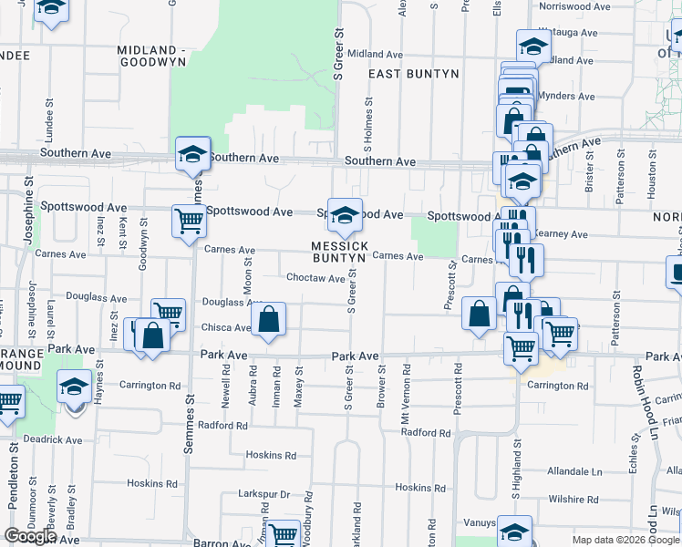 map of restaurants, bars, coffee shops, grocery stores, and more near 3225 Choctaw Avenue in Memphis