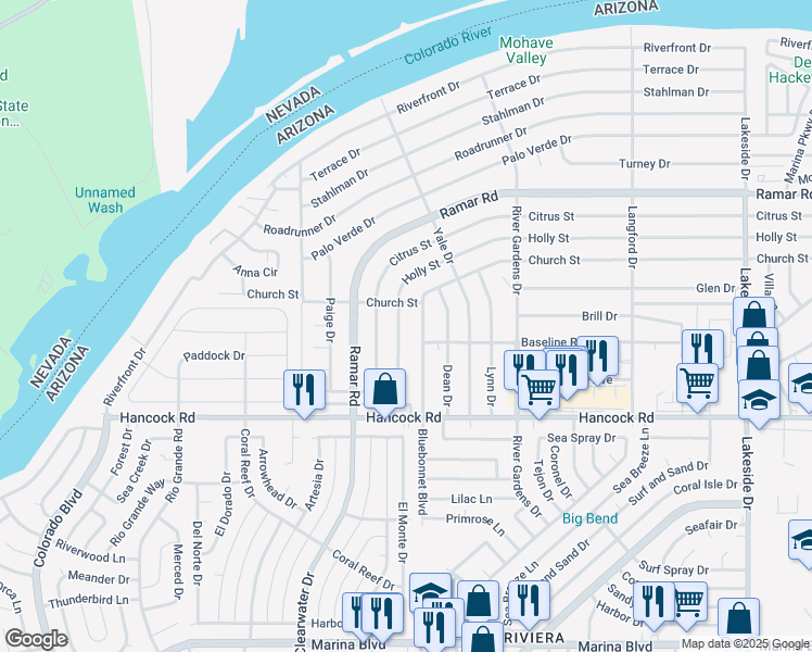 map of restaurants, bars, coffee shops, grocery stores, and more near 571 Holly Street in Bullhead City