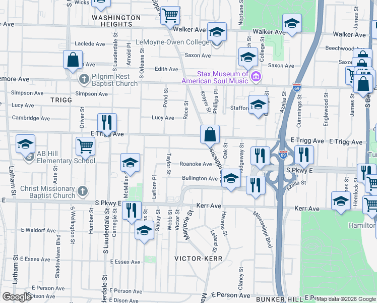 map of restaurants, bars, coffee shops, grocery stores, and more near 752 Roanoke Avenue in Memphis