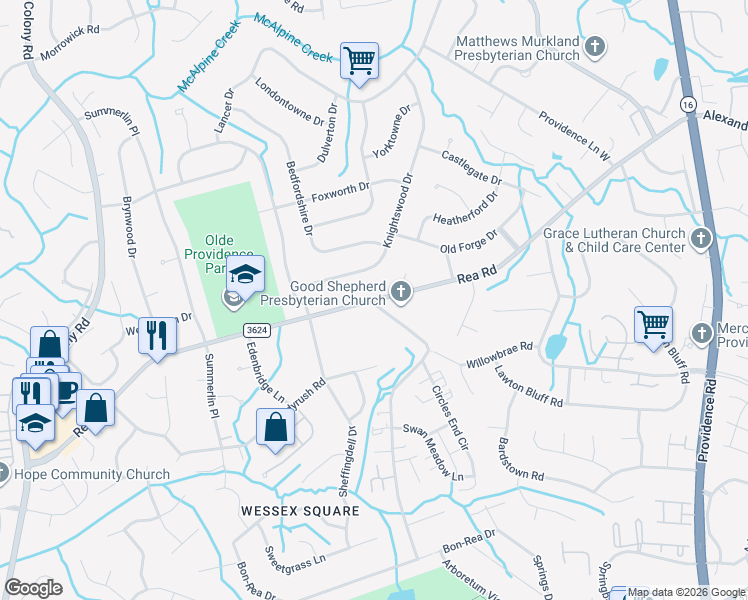 map of restaurants, bars, coffee shops, grocery stores, and more near Rea Rd & Swans Run Rd in Charlotte