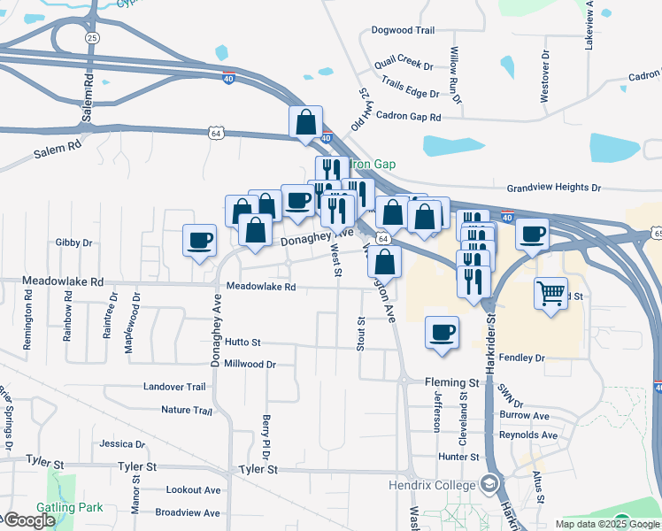 map of restaurants, bars, coffee shops, grocery stores, and more near 2455 Washington Avenue in Conway