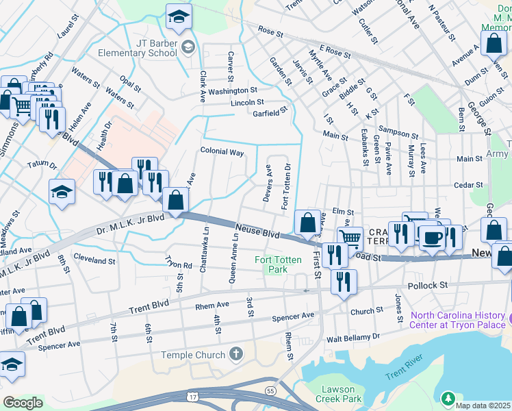 map of restaurants, bars, coffee shops, grocery stores, and more near 1504 McArthur Avenue in New Bern