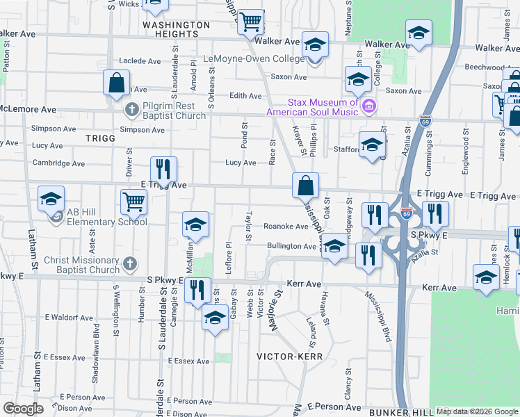 map of restaurants, bars, coffee shops, grocery stores, and more near 752 Roanoke Avenue in Memphis