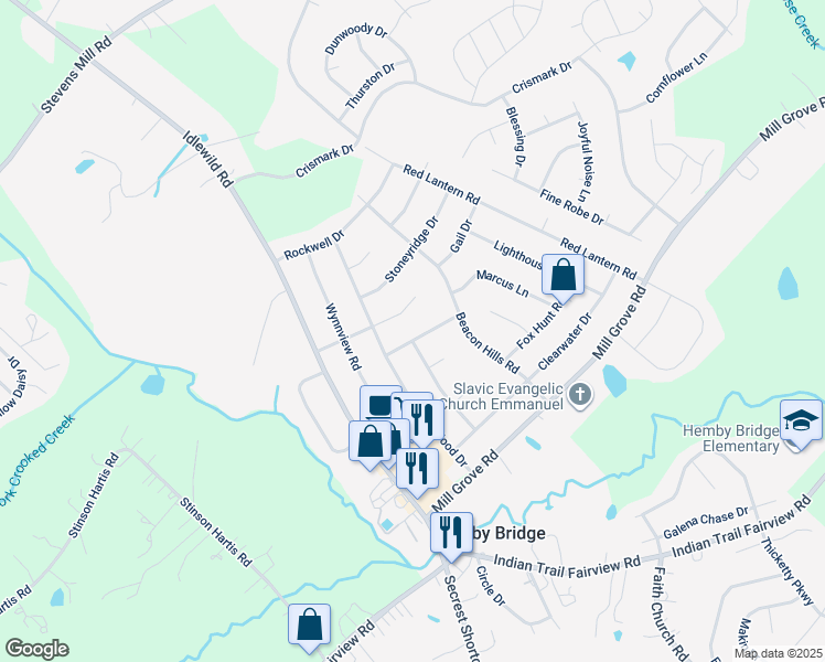 map of restaurants, bars, coffee shops, grocery stores, and more near 6201 Wildflower Place in Indian Trail