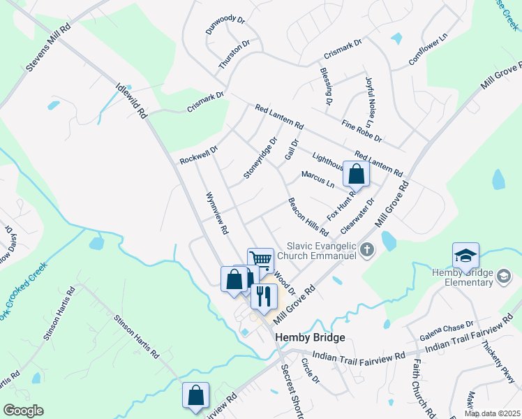 map of restaurants, bars, coffee shops, grocery stores, and more near 6201 Wildflower Place in Indian Trail