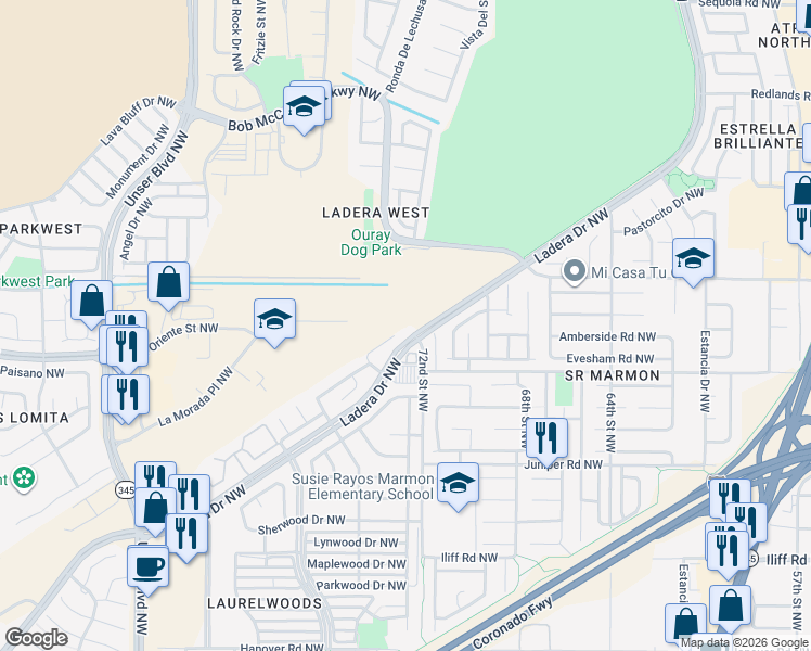 map of restaurants, bars, coffee shops, grocery stores, and more near 99999 La Morada Place Northwest in Albuquerque