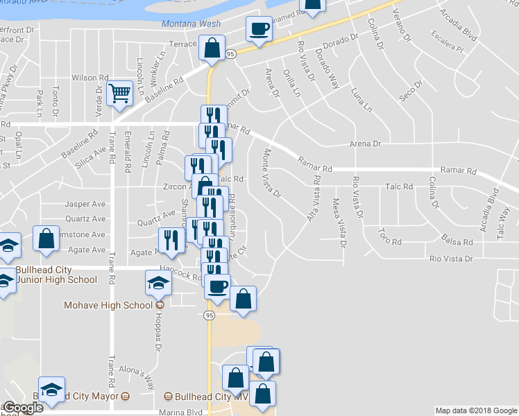 map of restaurants, bars, coffee shops, grocery stores, and more near 1651 Sierra Vista Drive in Bullhead City