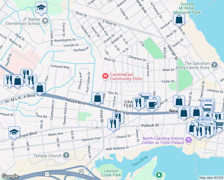 map of restaurants, bars, coffee shops, grocery stores, and more near 621 1st Avenue in New Bern