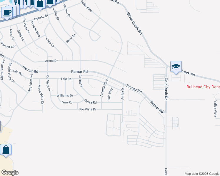 map of restaurants, bars, coffee shops, grocery stores, and more near 1650 Arcadia Boulevard in Bullhead City