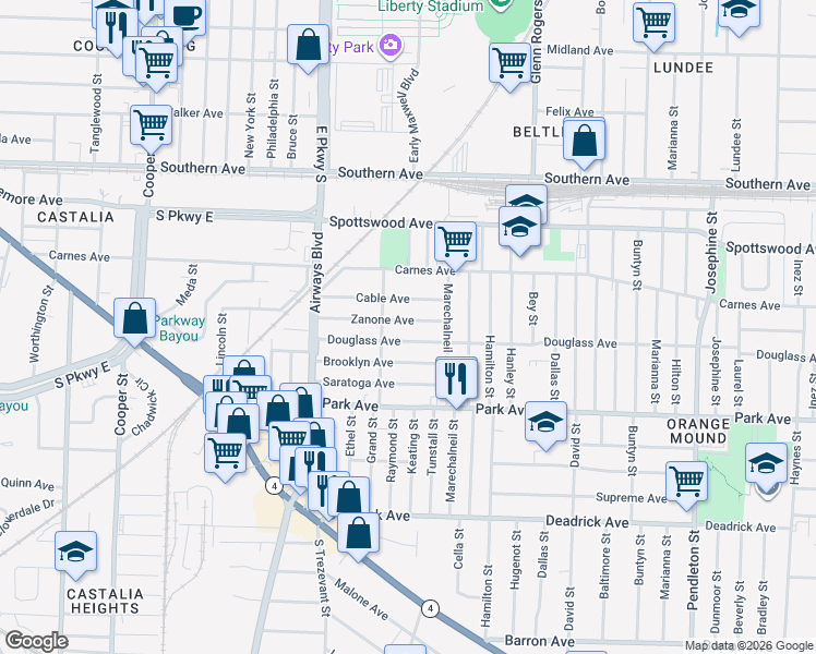 map of restaurants, bars, coffee shops, grocery stores, and more near 2450 Douglass Avenue in Memphis