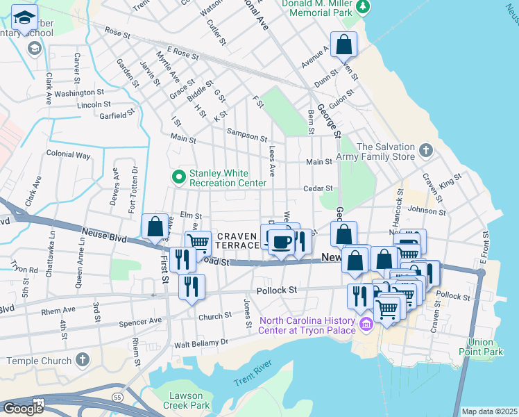 map of restaurants, bars, coffee shops, grocery stores, and more near 709 Oak Street in New Bern
