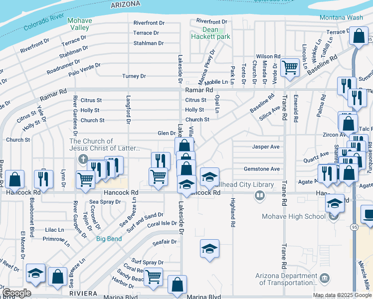 map of restaurants, bars, coffee shops, grocery stores, and more near 1648 Lakeside Drive in Bullhead City