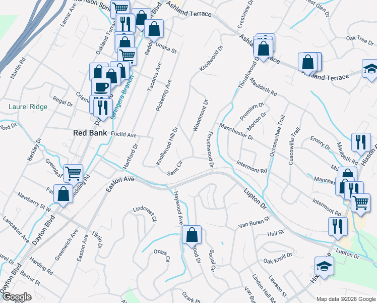 map of restaurants, bars, coffee shops, grocery stores, and more near 3631 Knollwood Drive in Chattanooga