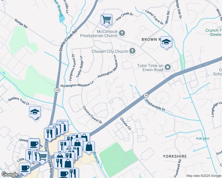 map of restaurants, bars, coffee shops, grocery stores, and more near 12934 Sickles Drive in Charlotte