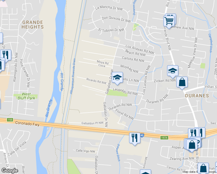 map of restaurants, bars, coffee shops, grocery stores, and more near 1527 Gabaldon Road Northwest in Albuquerque