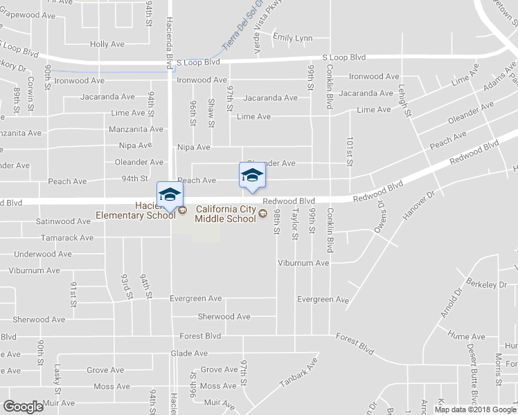 map of restaurants, bars, coffee shops, grocery stores, and more near 9736 Redwood Boulevard in California City