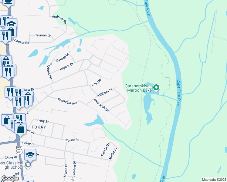 map of restaurants, bars, coffee shops, grocery stores, and more near 725 Rockwood Drive in Fayetteville