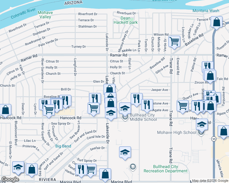 map of restaurants, bars, coffee shops, grocery stores, and more near 1069 Baseline Road in Bullhead City