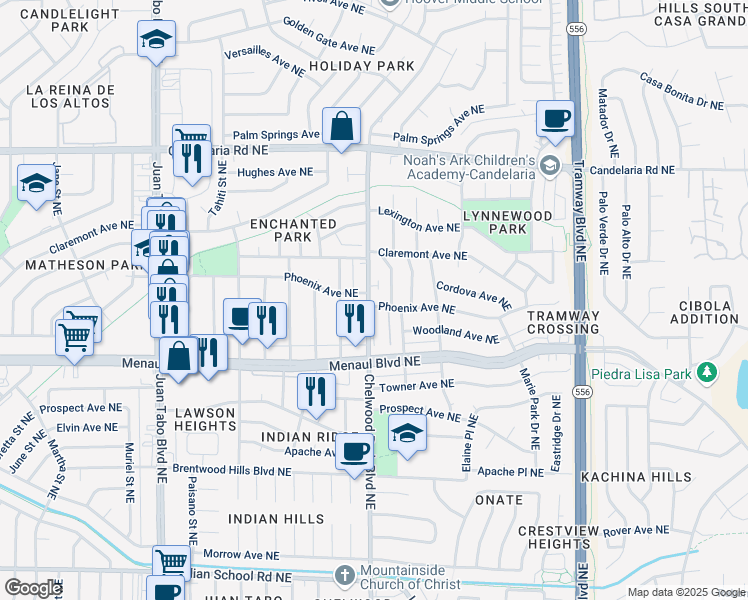 map of restaurants, bars, coffee shops, grocery stores, and more near 12004 Phoenix Avenue Northeast in Albuquerque