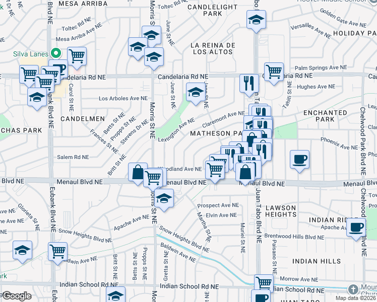 map of restaurants, bars, coffee shops, grocery stores, and more near 2413 Martha Street Northeast in Albuquerque