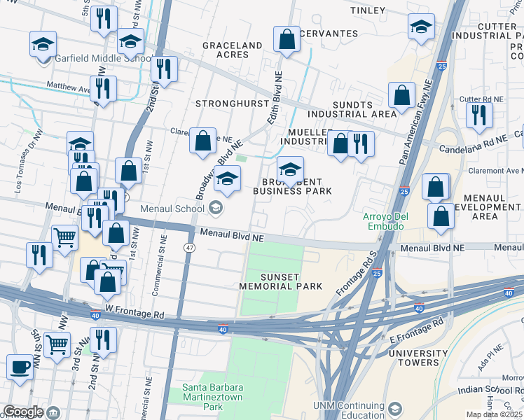 map of restaurants, bars, coffee shops, grocery stores, and more near 601 Menaul Boulevard Northeast in Albuquerque