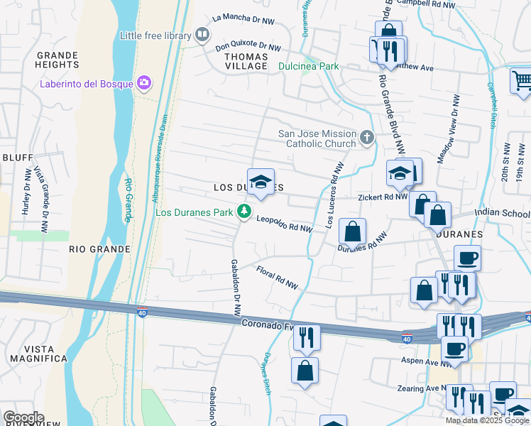 map of restaurants, bars, coffee shops, grocery stores, and more near 1600 Gabaldon Road Northwest in Albuquerque
