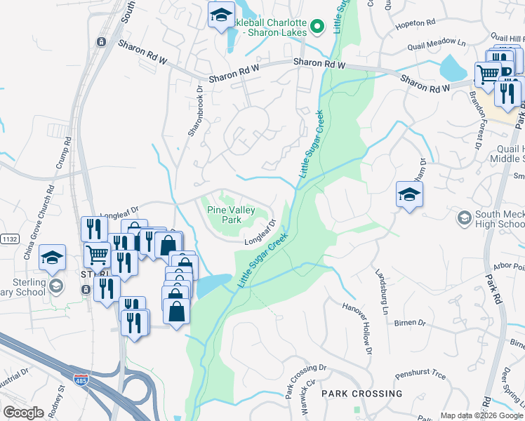 map of restaurants, bars, coffee shops, grocery stores, and more near 9500 Big Cone Place in Charlotte
