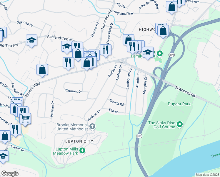 map of restaurants, bars, coffee shops, grocery stores, and more near 3920 Azalean Drive in Chattanooga